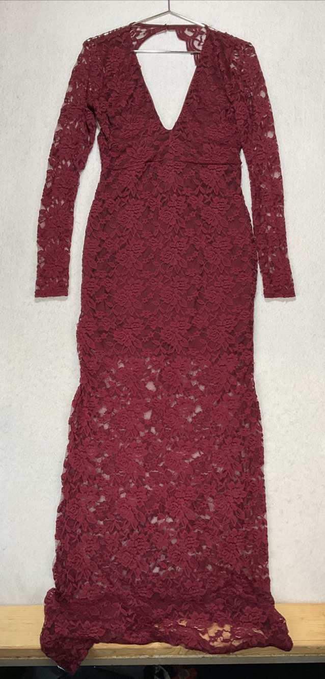 NWT Burgundy Long-sleeve Deep V Stretch lace Body Con Maxi Dress Whimsigoth Sz10